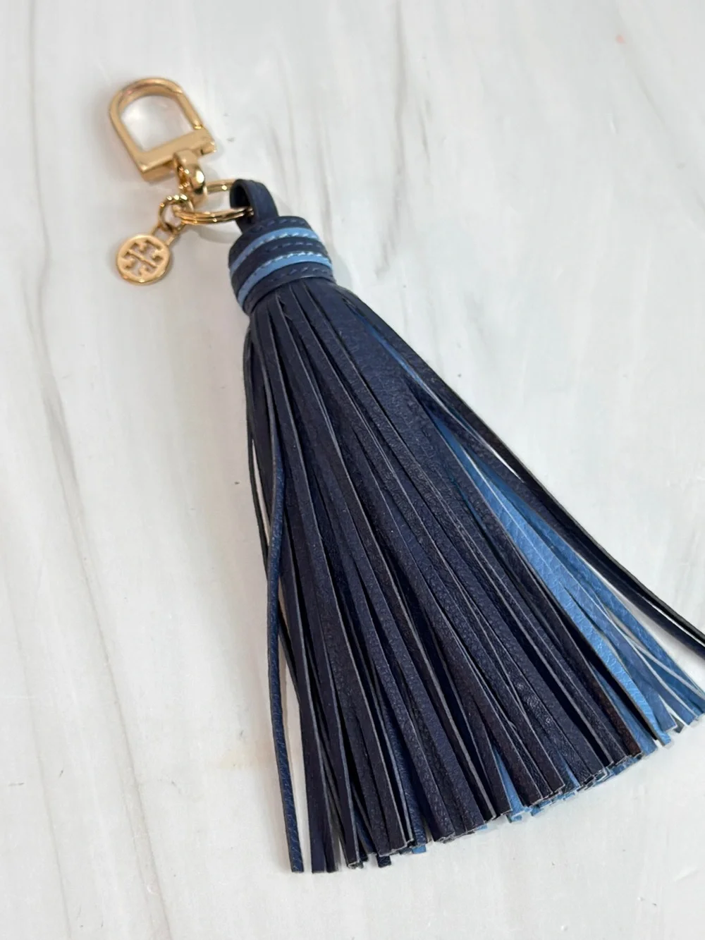 TORY BURCH LEATHER TWO TONE BLUE LIGHT BLUE KEY FOB PURSE CHARM TASSEL